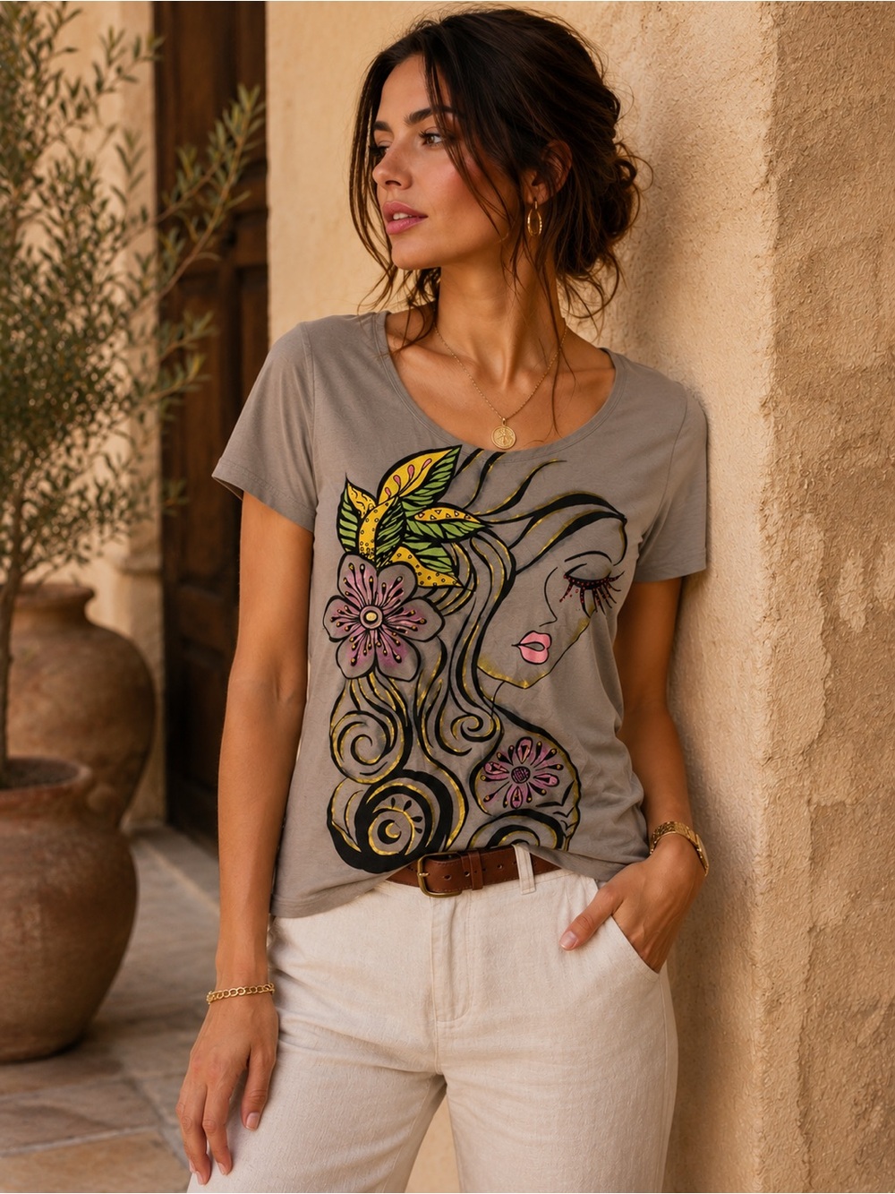 926. Women’s Taupe Graphic Floral Face Tee - Unbranded